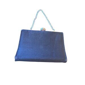 Vintage Black Satin Clutch Purse With Chain Handle & Rhinestone Clasp